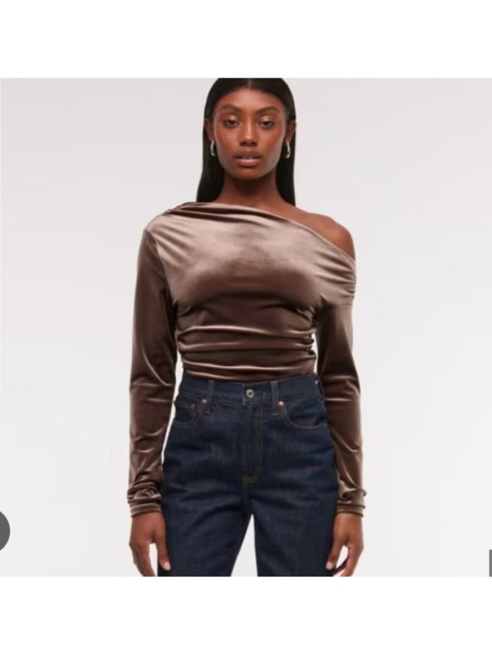 Abercrombie & Fitch Blouse Womens Medium Brown Velvet Off Shoulder Ruched Top